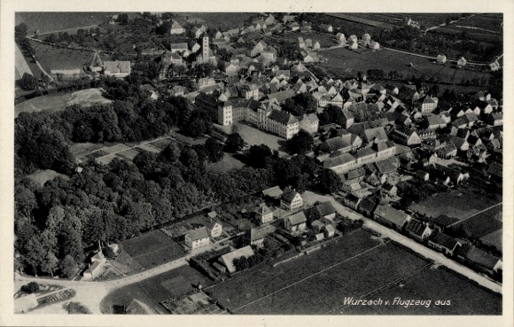 Postcard Bad Wurzach in Upper Swabia, aerial view of many houses, church, trees, landscape