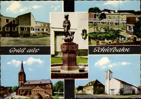 Postcard Schiefbahn Willich Westfalen, churches, kindergartens, fountains, buildings