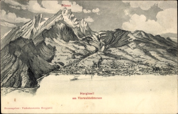 KP Hergiswil Kt Nidwalden, krajobraz górski z Pilatus, Hergiswil, Jezioro Czterech Kantonów, rysunek