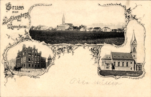 Postcard Schloßberg Stephanskirchen Upper Bavaria, general view, parish church, school