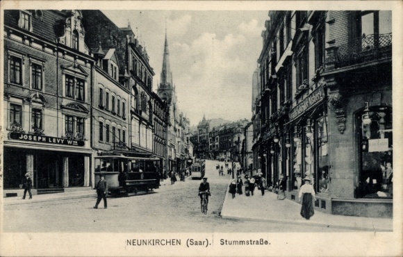 Ak Neunkirchen im Saarland, Stummstraße, Straßenbahnen, Geschäft Joseph Levy, Gebrüder Alsberg
