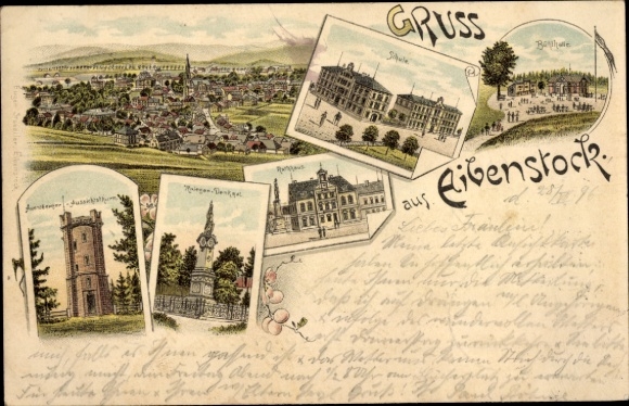 Chromo-Litho Eibenstock in the Erzgebirge Saxony, Auersberg observation tower, town hall, school, Bühlhalle