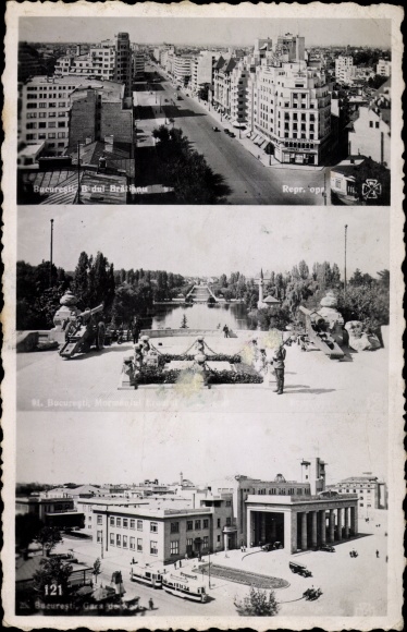 Postcard București Bucharest Romania, street section, park, Nord Gara, train station