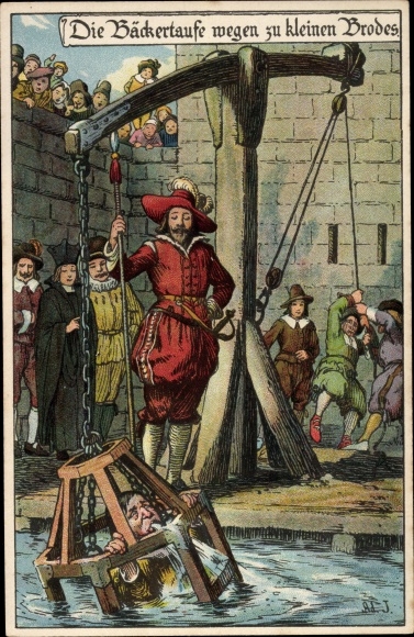 Künstler Litho Jodolfi, Die Bäckertaufe wegen zu kleinen Brotes, Strafen im Mittelalter