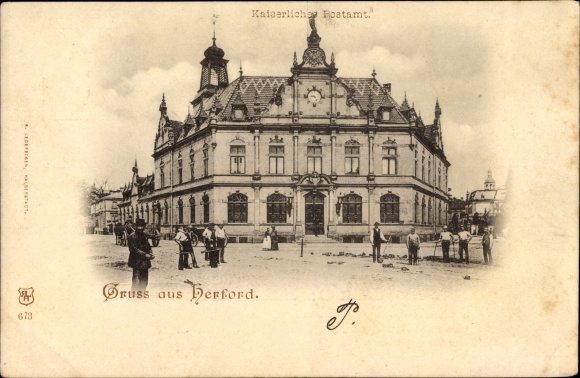 Ak Herford in Nordrhein Westfalen, Blick auf das Kaiserliche Postamt, Männer beim Straßenbau