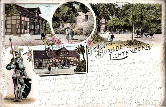 Chromo-Litho Lichtenberg Salzgitter in Lower Saxony, castle hill, farm buildings, castle ruins, restaurant
