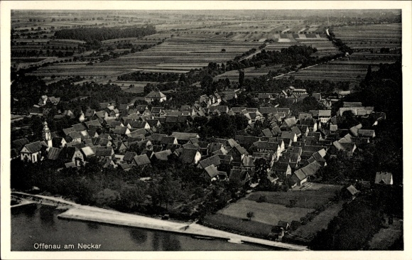 Postcard Offenau am Neckar Württemberg, aerial view of Offenau, Neckar, many roofs, green fields
