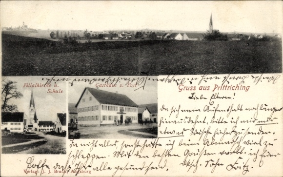 Postcard Prittriching in Upper Bavaria, general view, church, school, Gasthaus zur Post