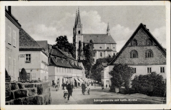 Ak Schirgiswalde, Straßenpartie, Katholische Kirche
