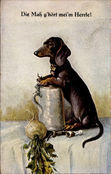 Artist Postcard Dachshund with beer mug, turnip, The beer belongs to my master