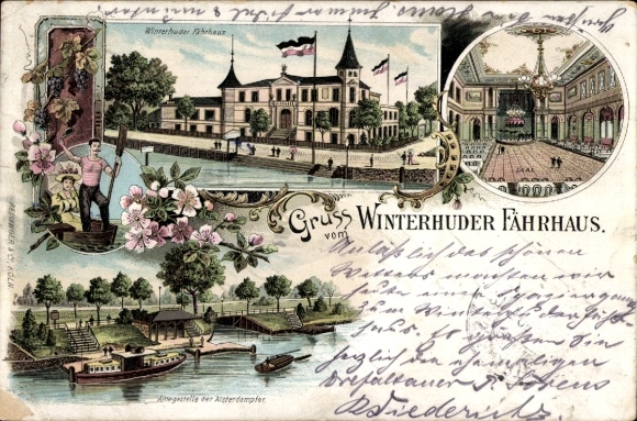 litho Hamburg Nord Winterhude, veerhuis Winterhuder, hal, pier voor de Alster-stoomboot