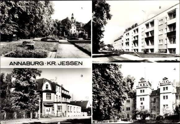 Postcard Annaburg Saxony Anhalt, Karl-Marx-Platz, Zulisdorfer Straße, Parkgaststätte, Schloss courtyard