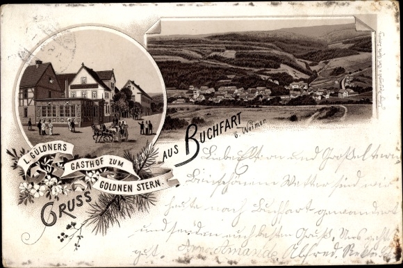 Chromo-Litho Buchfart Thuringia, Gasthof zum Goldenen Stern, owner L. Güldner