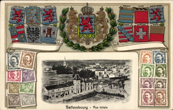 Embossed coat of arms stamps Postcard Bettembourg Luxembourg, Vue Totale