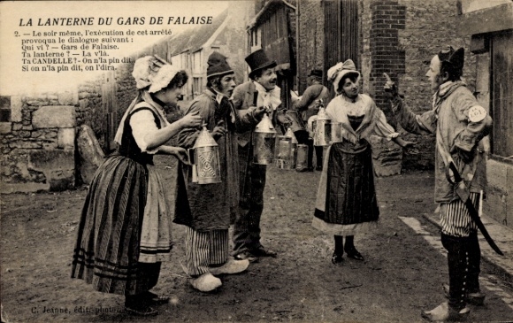 Postcard Calvados France, French costume, Normandy, people with lanterns