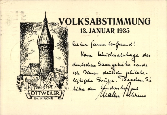 Artist Postcard Ottweiler in Saarland, referendum on 13 January 1935, Evangelical Church, Saar referendum