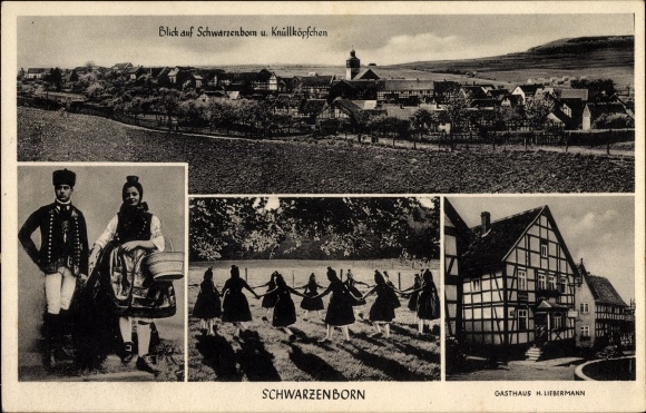 Ansichtkaart Schwarzenborn am Knüll Hessen, herberg, Hessische klederdracht, stadsgezicht