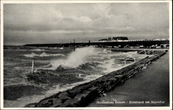 Ak Noordzeebadplaats Büsum, Noordzeebadplaats Südstrand, stormvloed, hoge golven, haven
