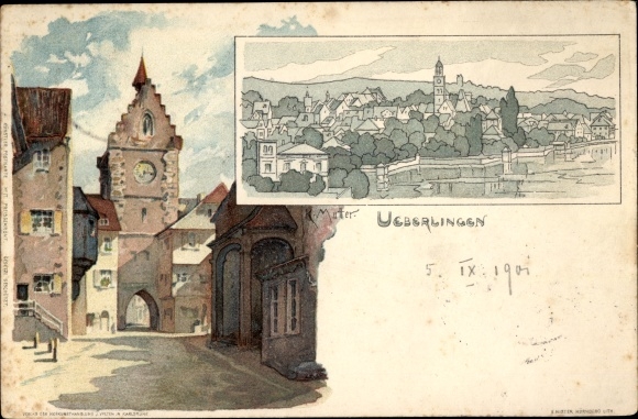 Artist Chromo-Litho Mutter, K., Überlingen am Bodensee, clock tower and gate, general view