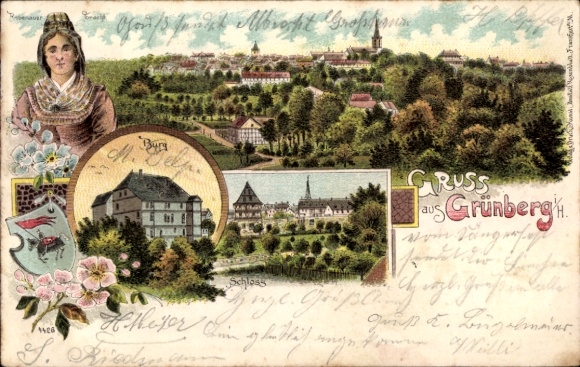 Chromo-Litho Grünberg in Hesse, general view, castle, palace, woman in traditional costume