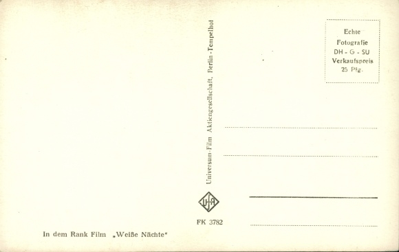 Postcard actress Maria Schell, portrait, sewing, Ufa Film, The Angel with the Trumpet, White Nights