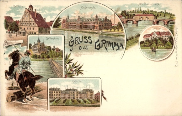 Ak Grimma in Sachsen,  mit Ansichten von  Kunst-Illustrationen, Wasserlandschaft