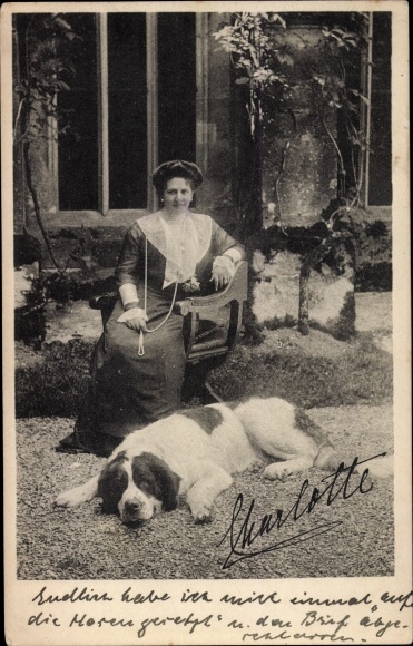 PC Queen Charlotte of Württemberg with St. Bernard dog, printed autograph, Württemb. national association