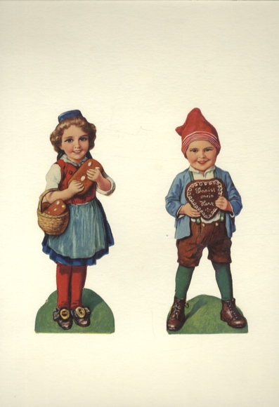 2 wafle dziewczynka i chłopiec w kształcie piernikowych dzieci, każdy o wymiarach ok. 16 x 5,5 cm