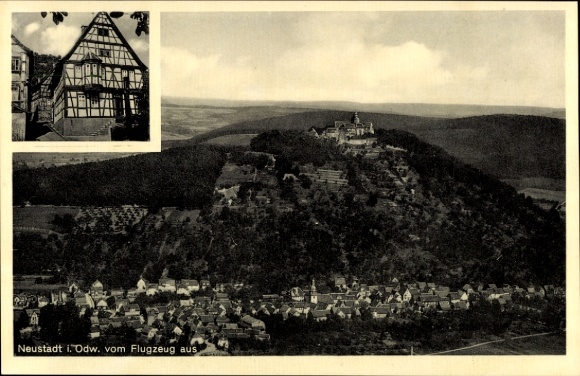 Postcard Neustadt Breuberg in the Odenwald, aerial view of Neustadt, mountain, half-timbered house, historical
