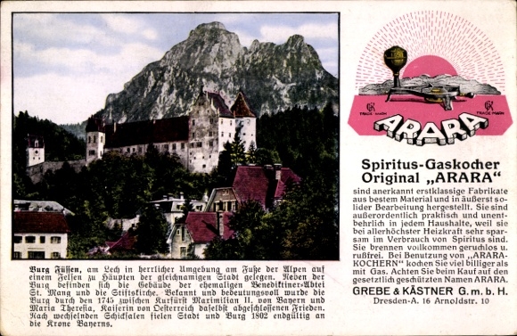 KP Füssen am Lech Allgäu, zamek, reklama kuchenki gazowej Arara, Grebe & Kästner GmbH Drezno