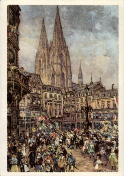 Postal stationery artist PC Cologne on the Rhine, carnival, parade, cathedral