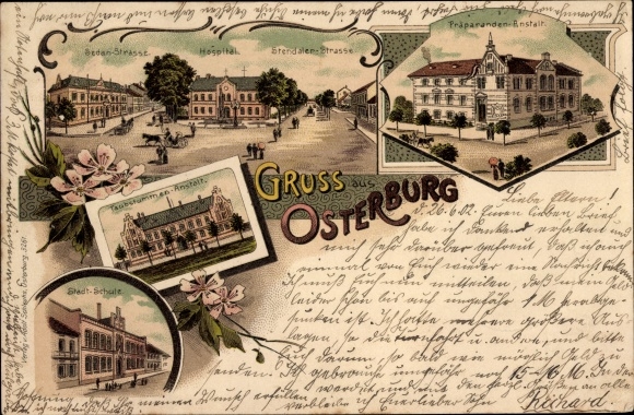 Chromo-Litho Osterburg in the Altmark, Sedanstrasse, Hospital, Stendaler Strasse, preparatory institute, town school