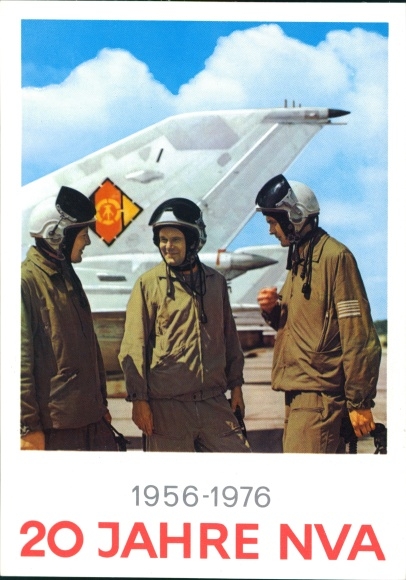 Postcard 20 years NVA 1956-1976, National People's Army of the GDR, fighter plane, pilot in uniform