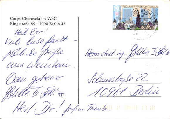 Studentika Postcard Berlin, Corps Cheruscia in the WSC, Corpshaus Cherusciae, Ringstraße 89