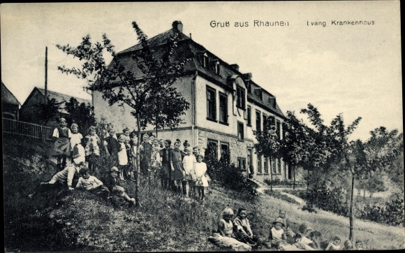 Postcard Rhaunen in the Hunsrück, Evangelical Hospital, children