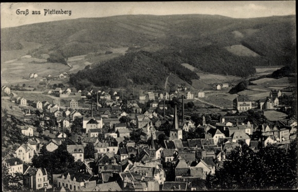 Postcard Plettenberg, view of the town, mountains, church