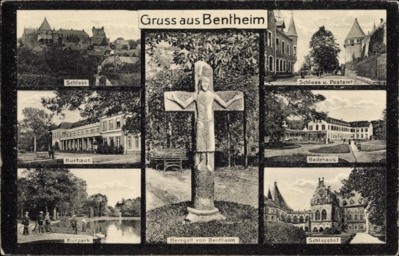 Ak Bad Bentheim in Niedersachsen, Schloss, Kurhaus, Schloss u. Postamt, Badehaus, Kurpark, Herrgo