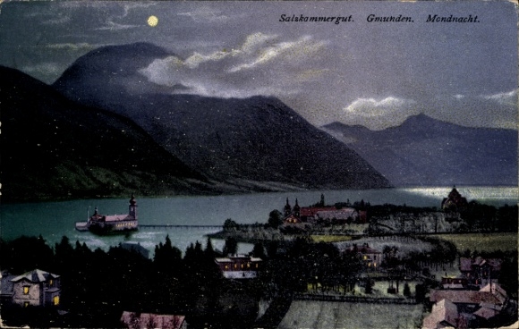Ak Gmunden am Traunsee Salzkammergut Oberösterreich, Mondnacht