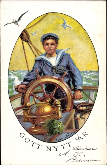 Artist Postcard Nyström, Jenny, Gott Nytt Ar, New Year, Swedish sailor at the wheel