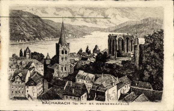 Bacharach am Rhein, town view, St. Werner Chapel, Rhineland landscape, old architecture