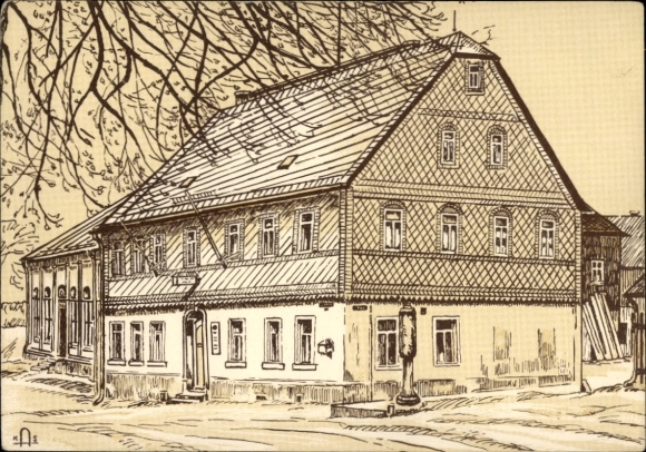 Postcard Silberstraße Wilkau Haßlau in Saxony, Gasthof OberhaBlau, pen drawing, detailed architecture