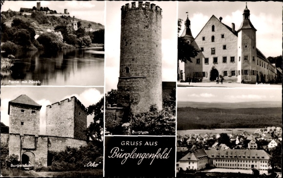 Postcard Burglengenfeld on the Naab Upper Palatinate, castle entrance, panorama, castle tower