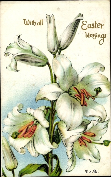 Embossed Artist Chromo-Litho Happy Easter, White Lily Blossoms