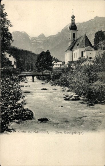 Postcard Ramsau im Berchtesgadener Land Upper Bavaria, church, river, mountains, Bavarian highlands