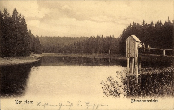 Postcard Derenburg Blankenburg am Harz, Bärenbrucherteich, forest, water, people on wooden platform