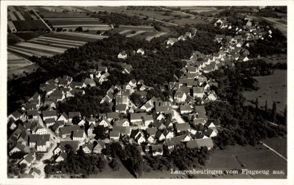 Postcard Langenbeutingen Langenbrettach in Würtemberg, aerial view of many roofs and farm fields