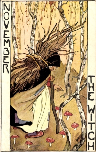Kunstenaarskaart Cramer, Rie, November, allegorie, vliegenzwammen, oude vrouw