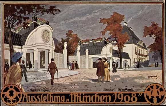 Kunstenaar litho Moos, C., München, Beierse vakbeurs 1912, entreegebouwen, hoofdingang