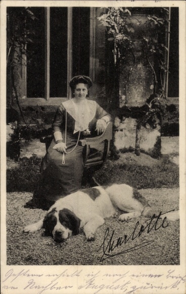 PC Queen Charlotte of Württemberg with St. Bernard, printed autograph, Württemberg State Association