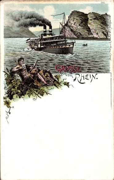 Litho Grüße vom Rhein, Dampfer, Vater Rhein